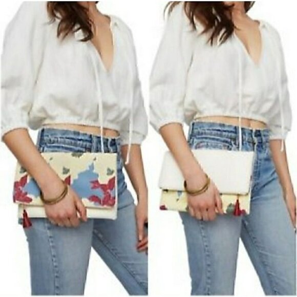 Rachel Pally Leather Trimmed Fold Over Clutch - Cream Multicolor Floral Print - Picture 2 of 13